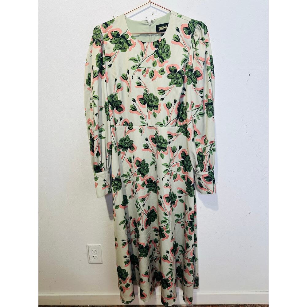 ALEXIA ADMOR Off-White Green Floral Sophie Cinched Waist Flowy Dress size 10 - Picture 2 of 16